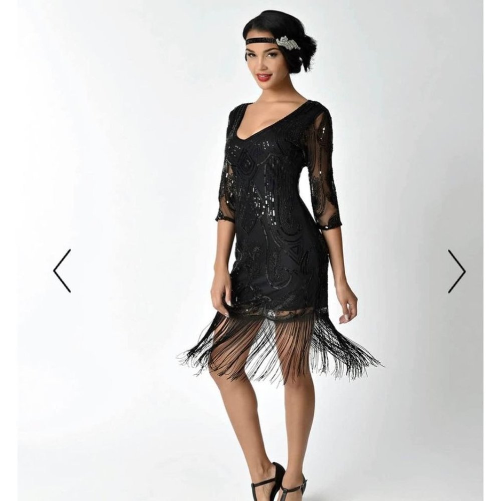 Unique Vintage Black Beaded Sequin Cocktail Flapper Dress size 10-12